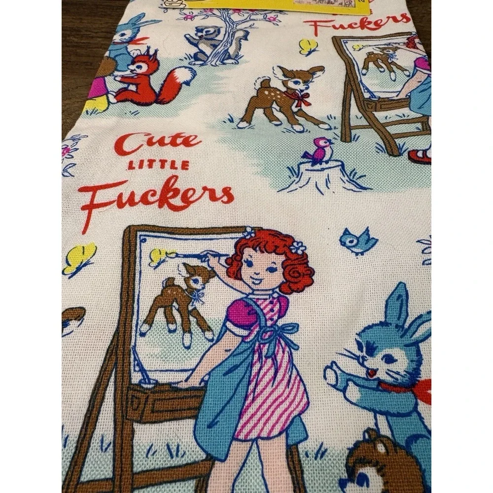 NWT Blue Q Dish Kitchen Tea Towel Retro Forest Animals 1950s Novelty Dark Humor